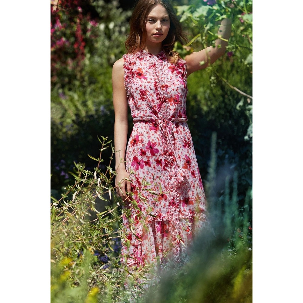 Misa Los Angeles Aurelie Dress Gardenia Floral Ruffle Raw Edge Midi High Low XS